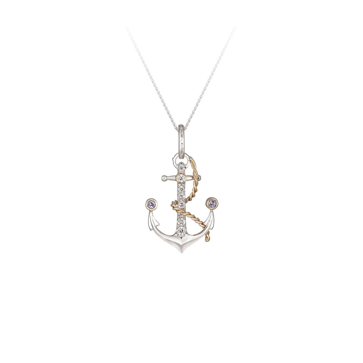 Denny Wong Designs Sterling Silver Two-Tone Gold Anchor Tanzanite and Blue Topazes Drop Pendant – NPAR-20XTZ