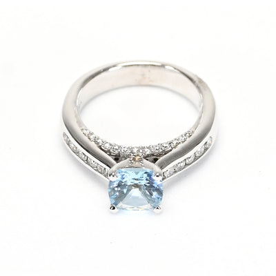 Little Treasury 14k White Gold Solitaire Aquamarine and Diamonds Engagement Ring – 43970