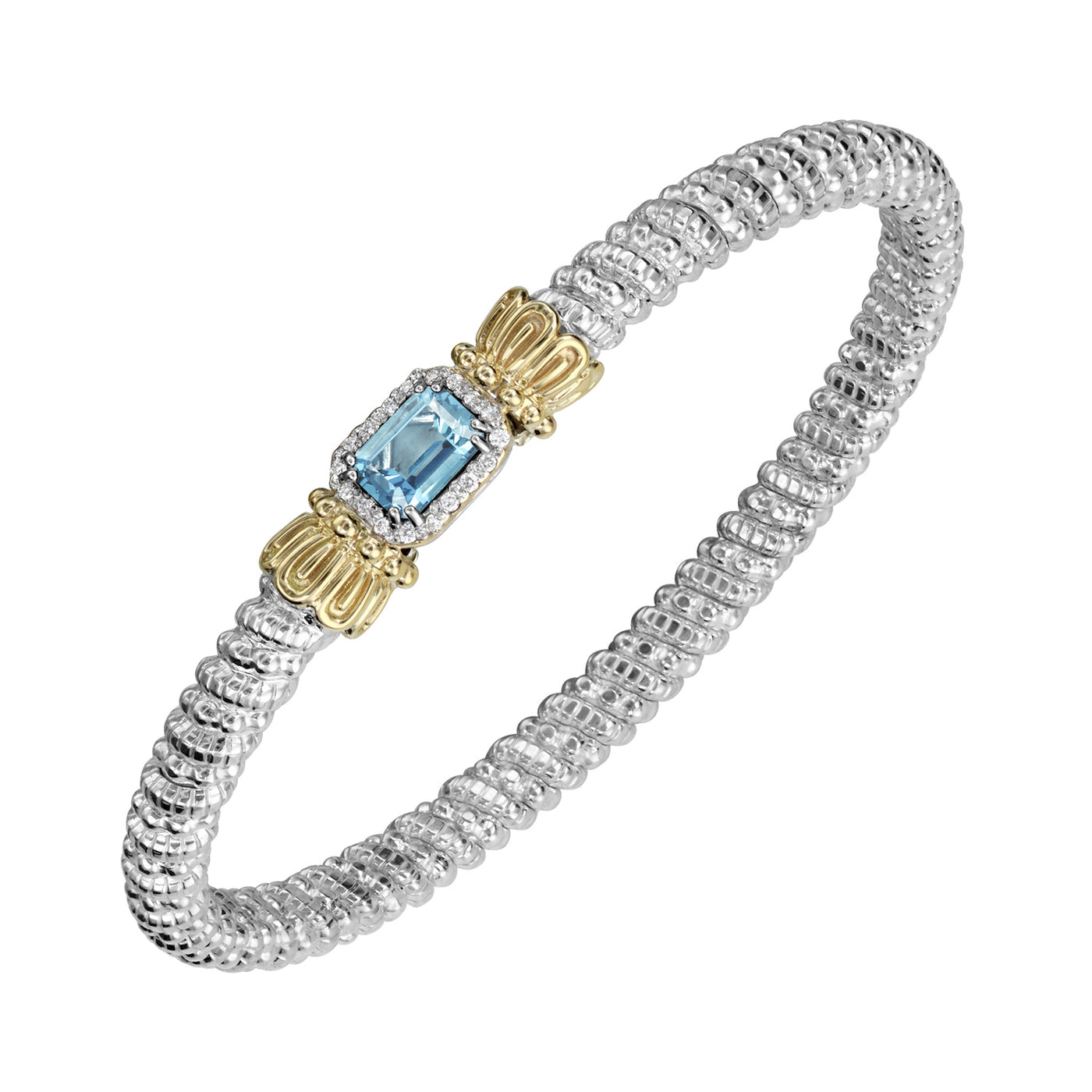 Vahan Sterling Silver and 14k Yellow Gold Moiré Beaded® Bangle Bracelet with Diamonds and Blue Topaz – 23404DSBT04