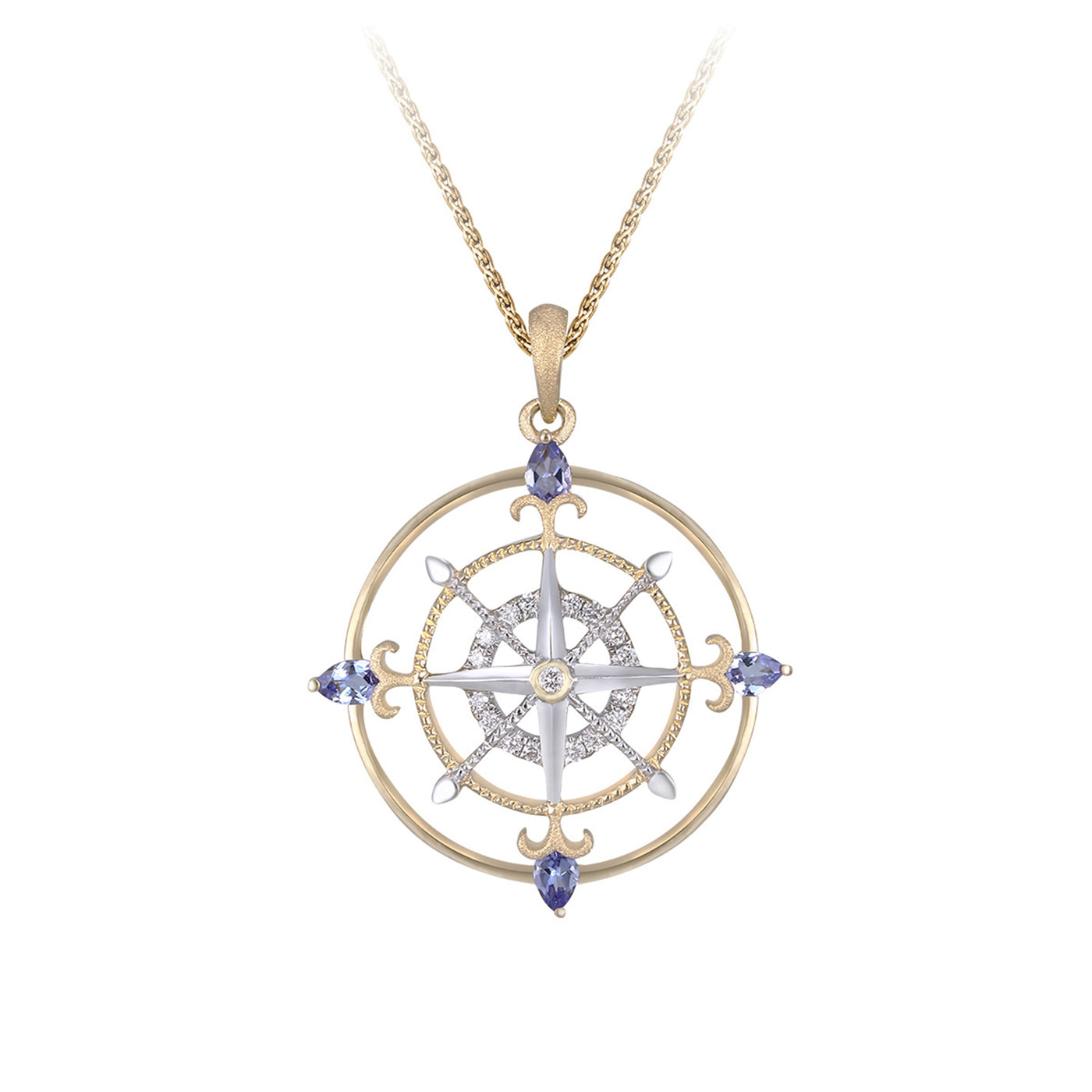 Denny Wong Designs 14k White & Yellow Gold Compass Diamond and Tanzanite Pendant – CR-P01X