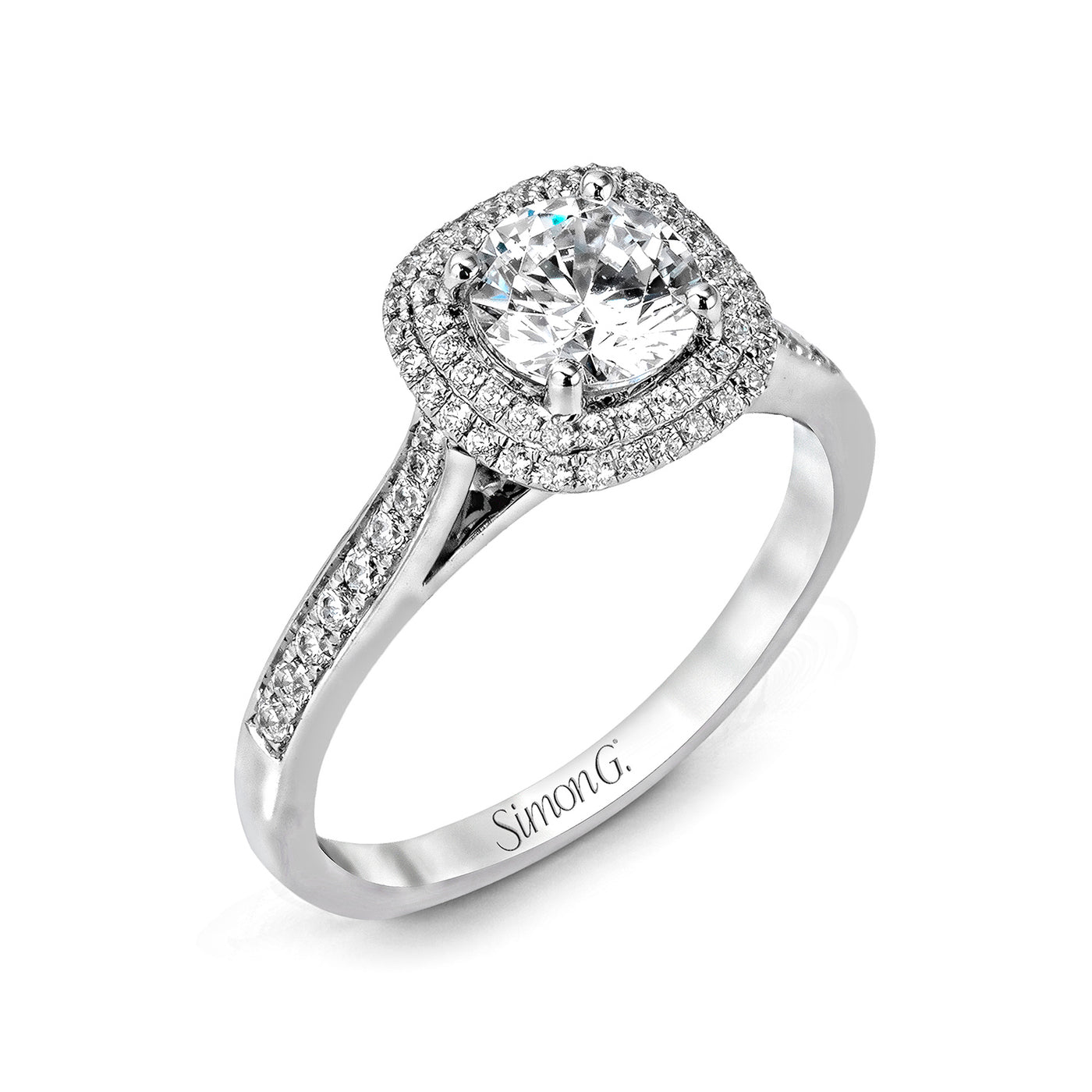 Simon G 18k White Gold Round Halo Diamond Semi-Mount Engagement Ring – MR2395