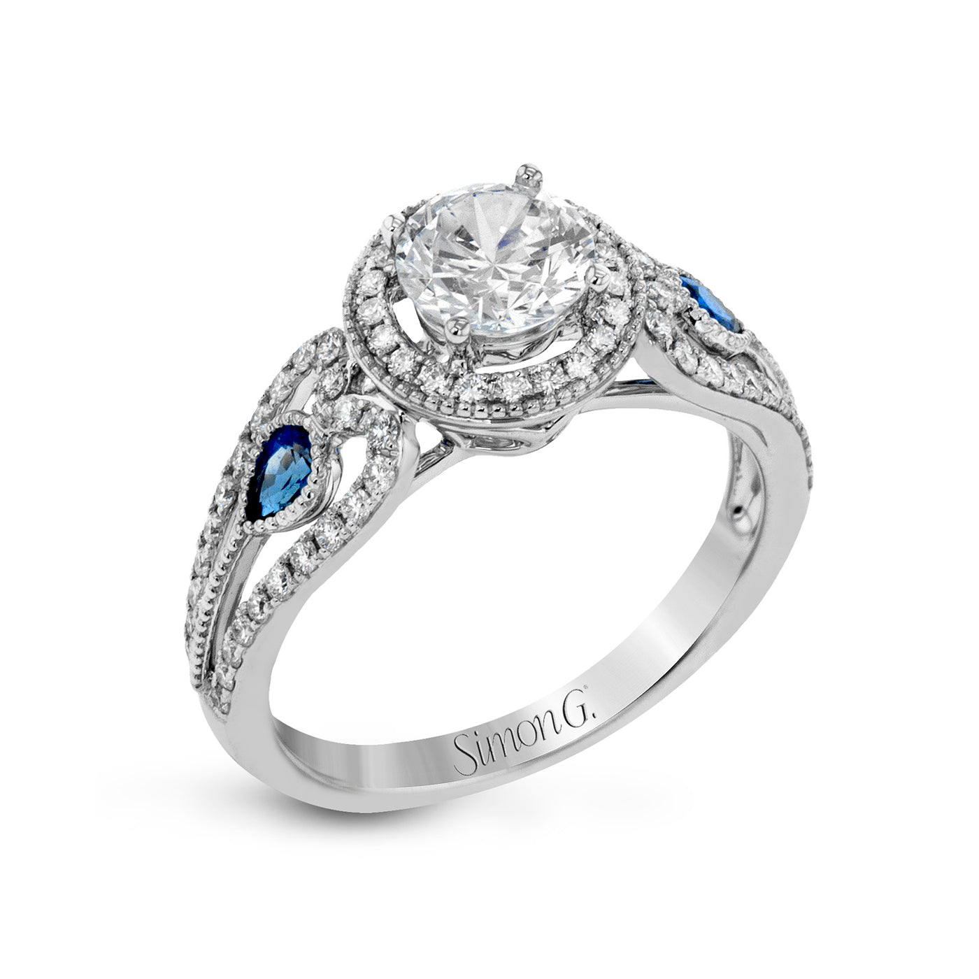 Simon G 18k White Gold Round Halo Diamond and Sapphires Semi-Mount Engagement Ring – LP2353
