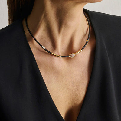 Misani Milano 18k Yellow Gold and Sterling Silver Black Leather Toyama Bay Chain – C2163