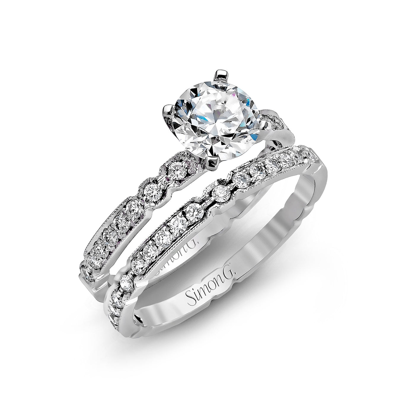 Simon G 18k White Gold Round Solitaire Diamond and Diamonds Semi-Mount Engagement Ring – NR130