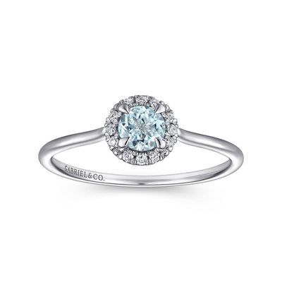 Gabriel & Co. 14k White Gold Diamond and Aquamarine Halo Ring – LR51264W45AQ
