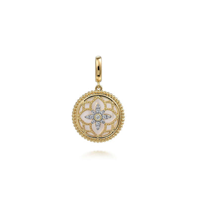 Gabriel & Co. 14k Yellow Gold Bujukan Mother of Pearl Medallion Circle Diamond Pendant – PT6615Y45WM