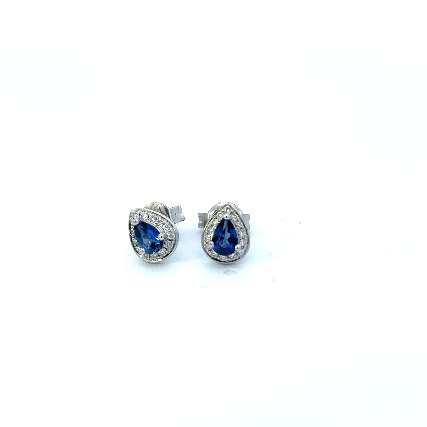 Prima Diamond 14k White Gold Halo Pear Stud Diamond and Sapphire Earrings – PE328DS