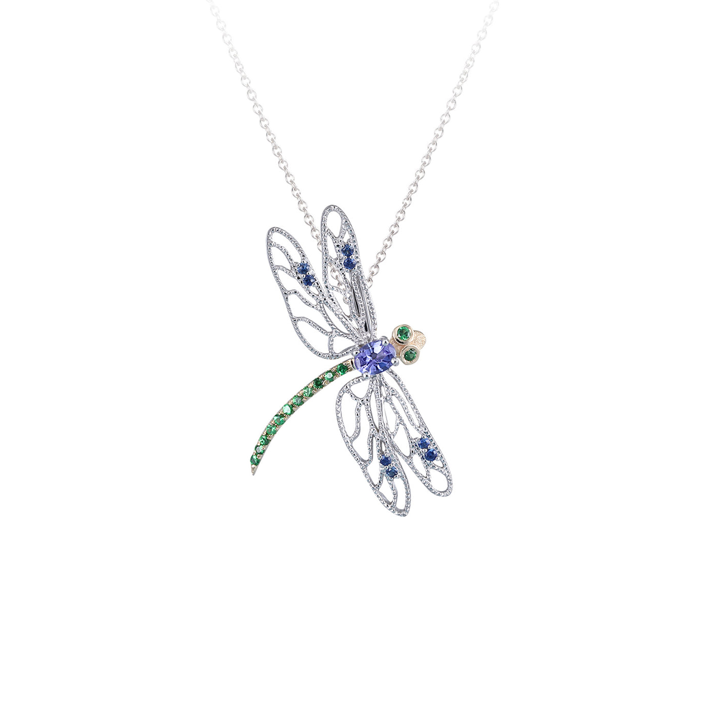 Denny Wong Designs 14k Two-Tone Gold Dragonfly Sapphire and Tourmaline Pendant – TPDF-30XTZ