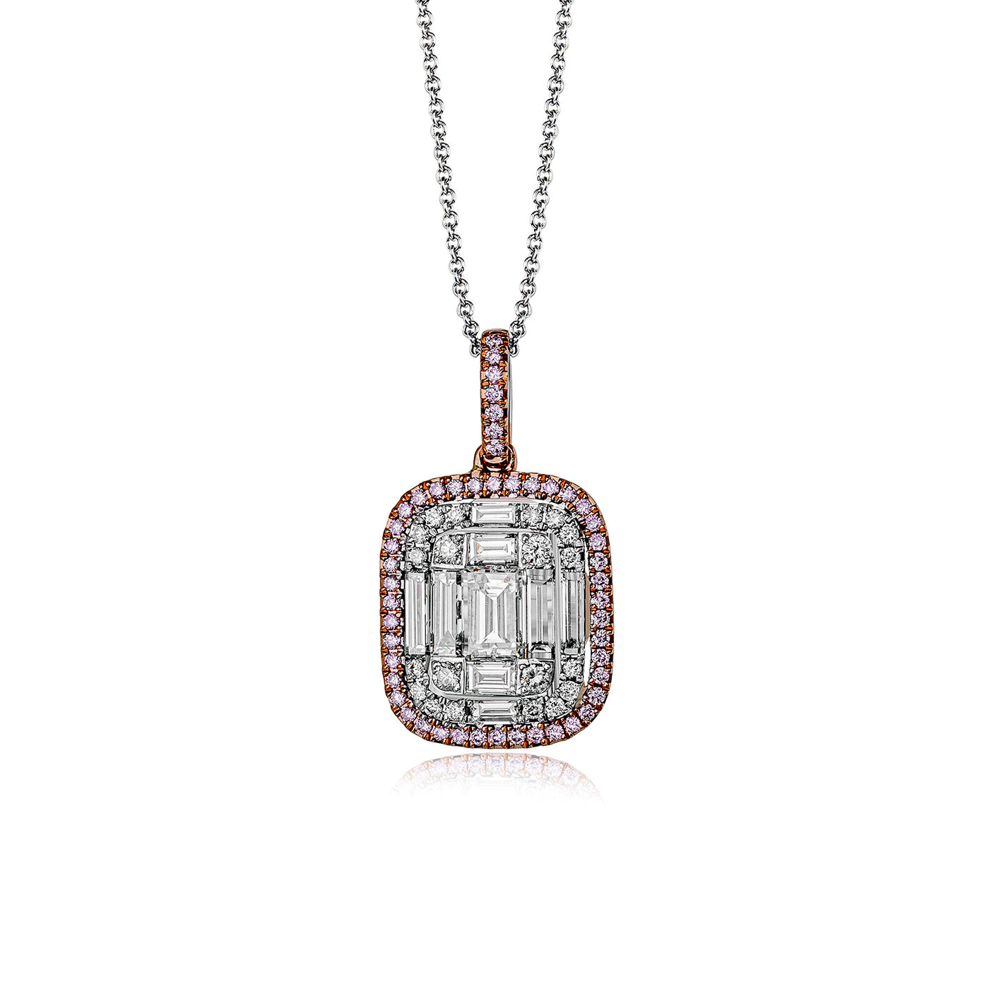 Simon G 18k White & Rose Gold "Simon Set" Mosaic Emerald Cut Diamond Drop Pendant Necklace – LP4327