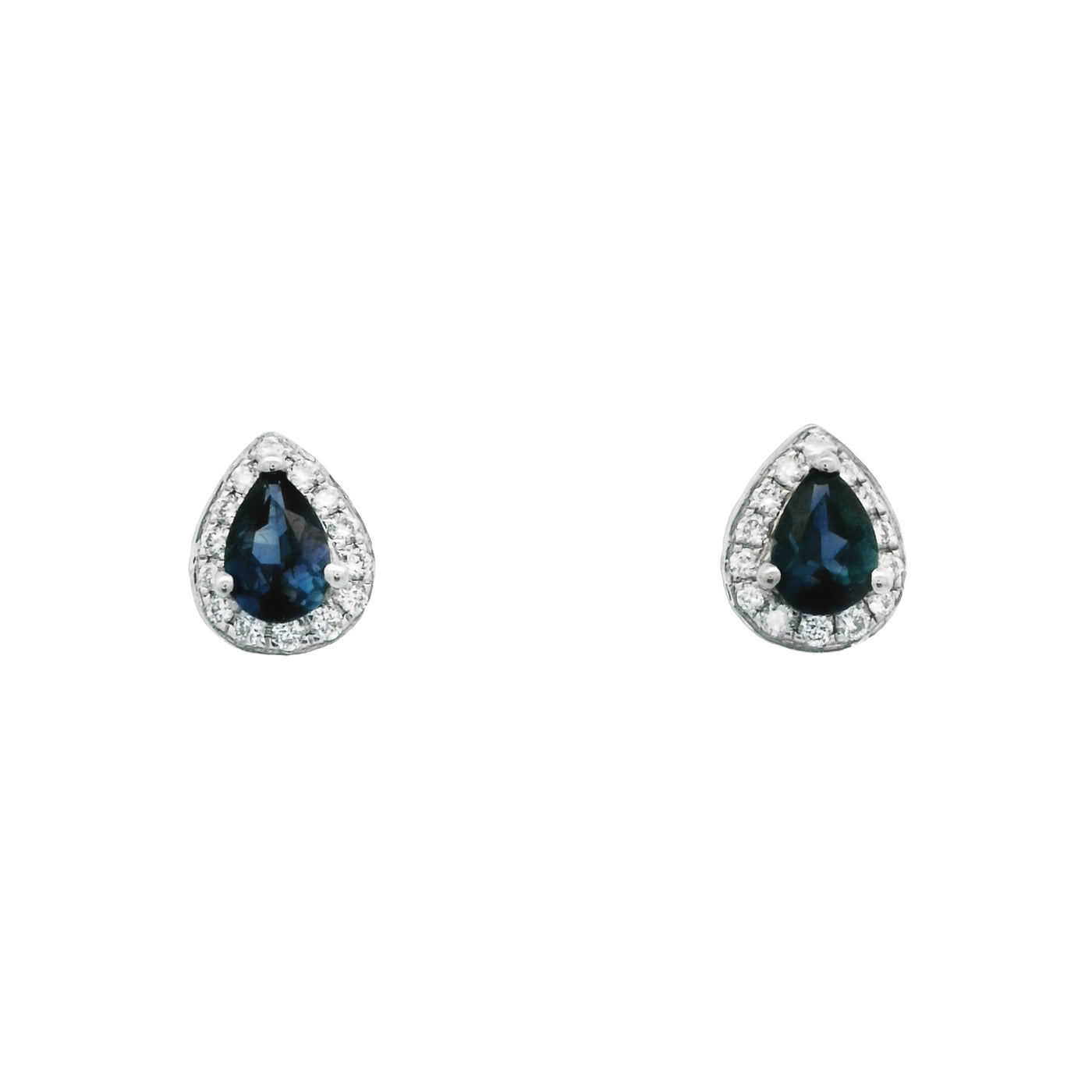 Prima Diamond 14k White Gold Halo Pear Sapphire and Diamond Stud Earrings– PE328DS