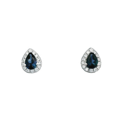 Prima Diamond 14k White Gold Halo Pear Sapphire and Diamond Stud Earrings– PE328DS