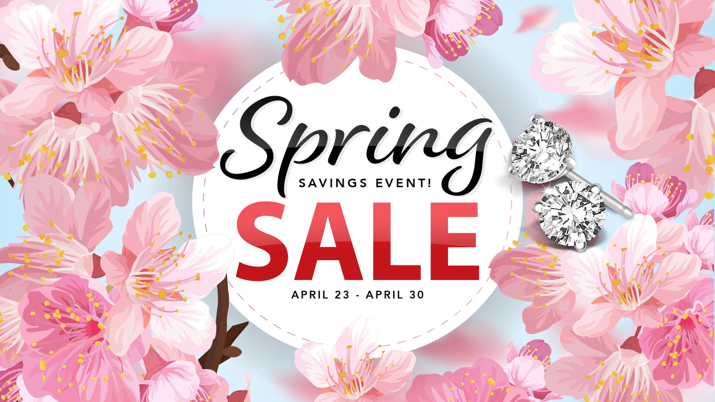 Spring Savings Event banner with flowers and a set of diamond stud earrings