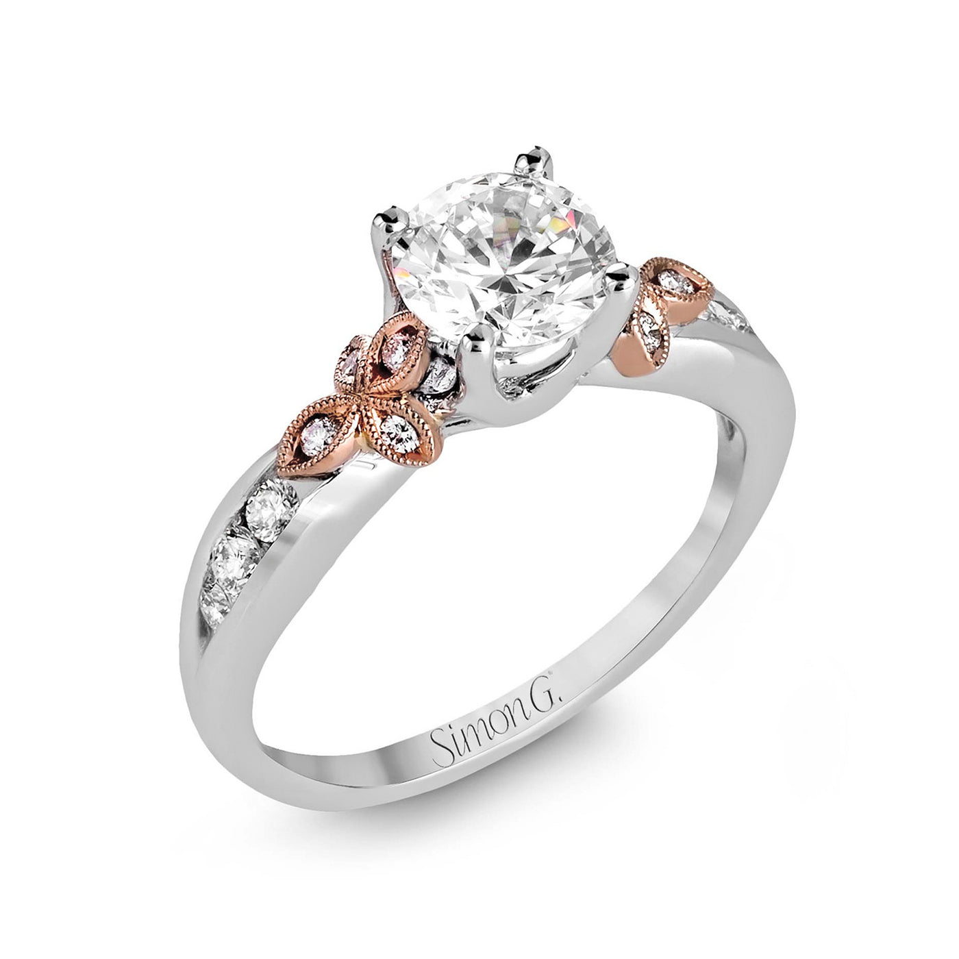 Simon G 18k White & Rose Gold Round Straight Diamond Semi-Mount Engagement Ring – MR2646