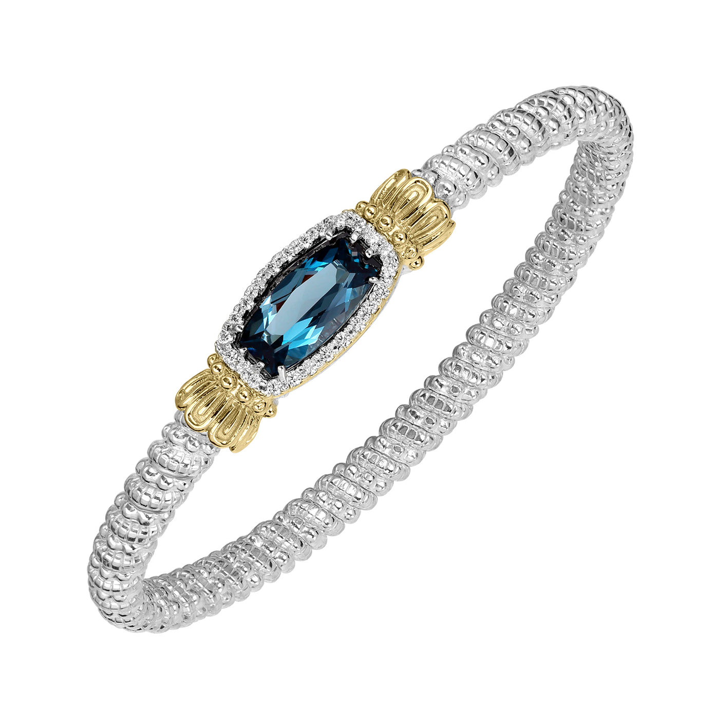 Vahan Sterling Silver and 14k Yellow Gold Moiré Beaded® Bangle Bracelet with Diamonds and Blue Topaz – 23554DLBT04