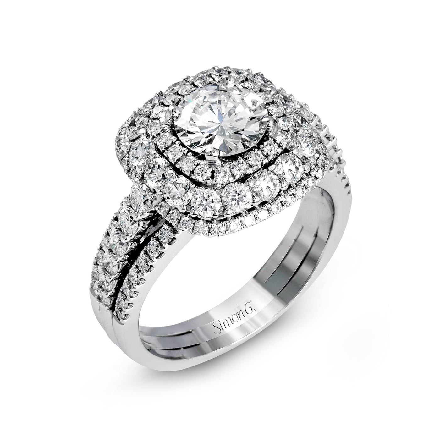 Simon G 18k White Gold Round Double Halo Diamond Semi-Mount Engagement Ring – MR2622