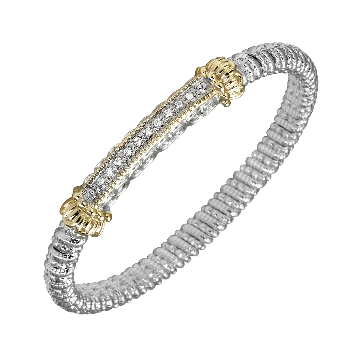 Vahan Sterling Silver and 14k Yellow Gold Moiré Beaded® Bangle Bracelet with Diamonds – 21734D