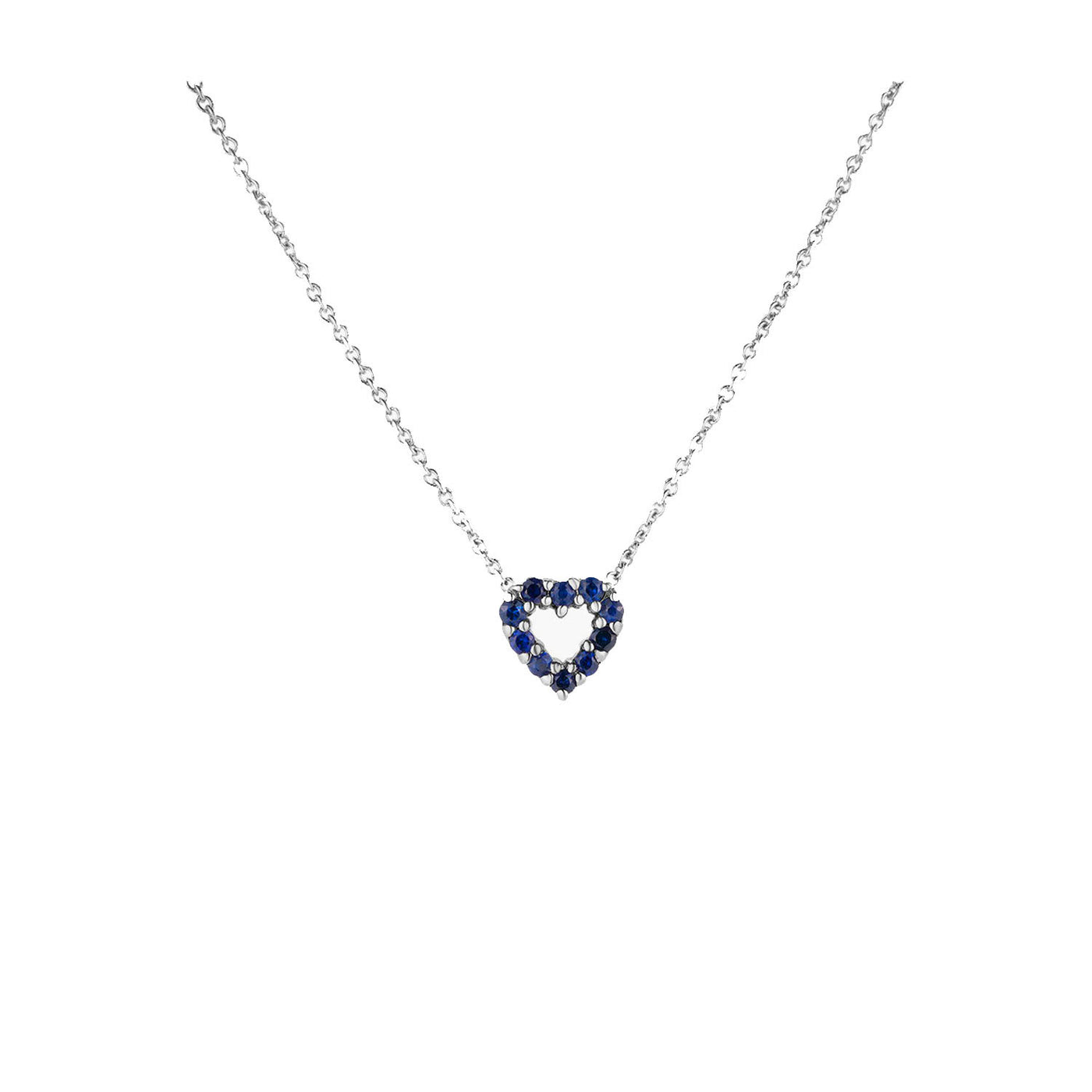 Roberto Coin 18k White Gold Tiny Treasures Reversed Daimond and Sapphire Heart Pendant Necklace – 000634AWCHXS