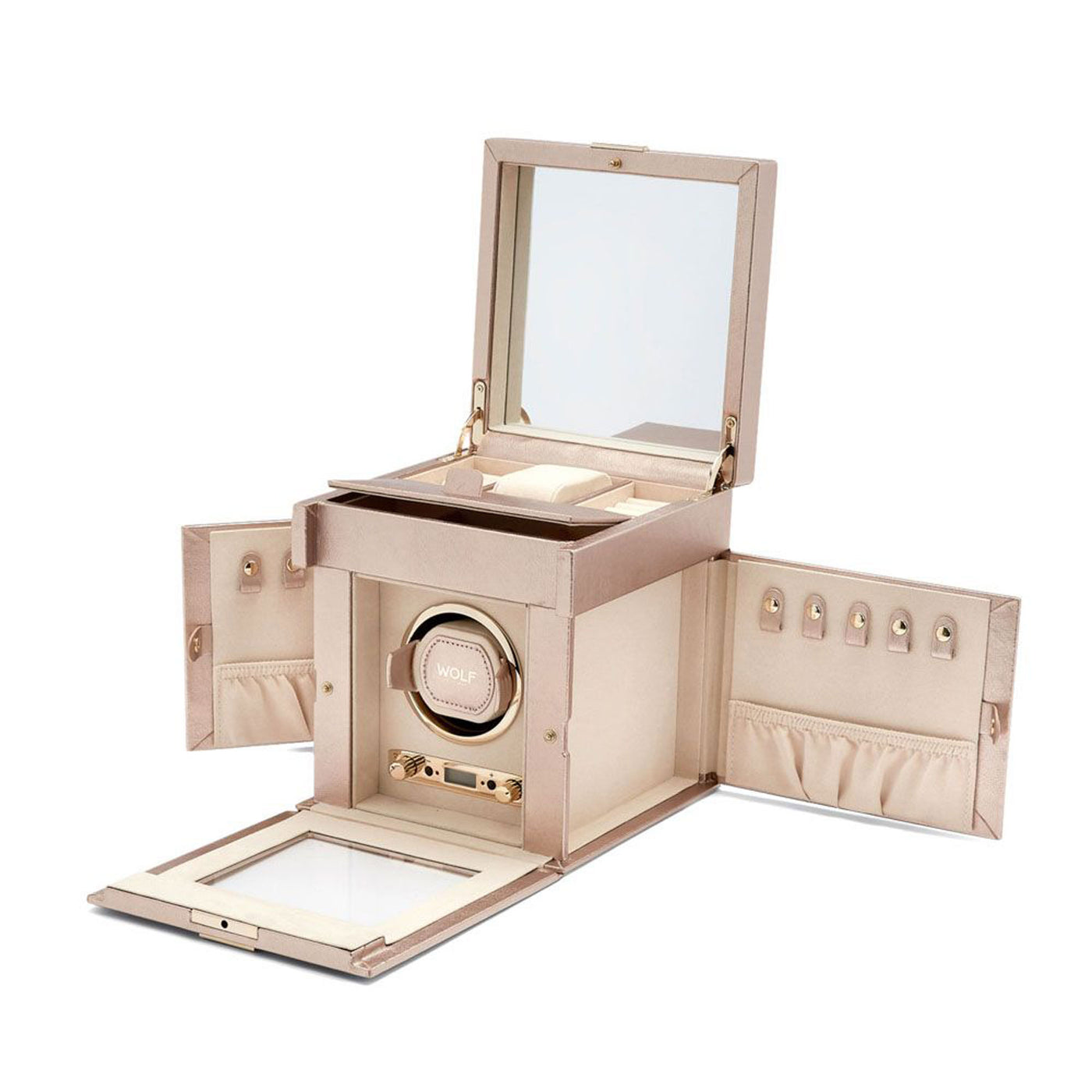 Wolf 1834 Palermo Single Watch Winder with Jewelry storage, mirror, and cover – 213716