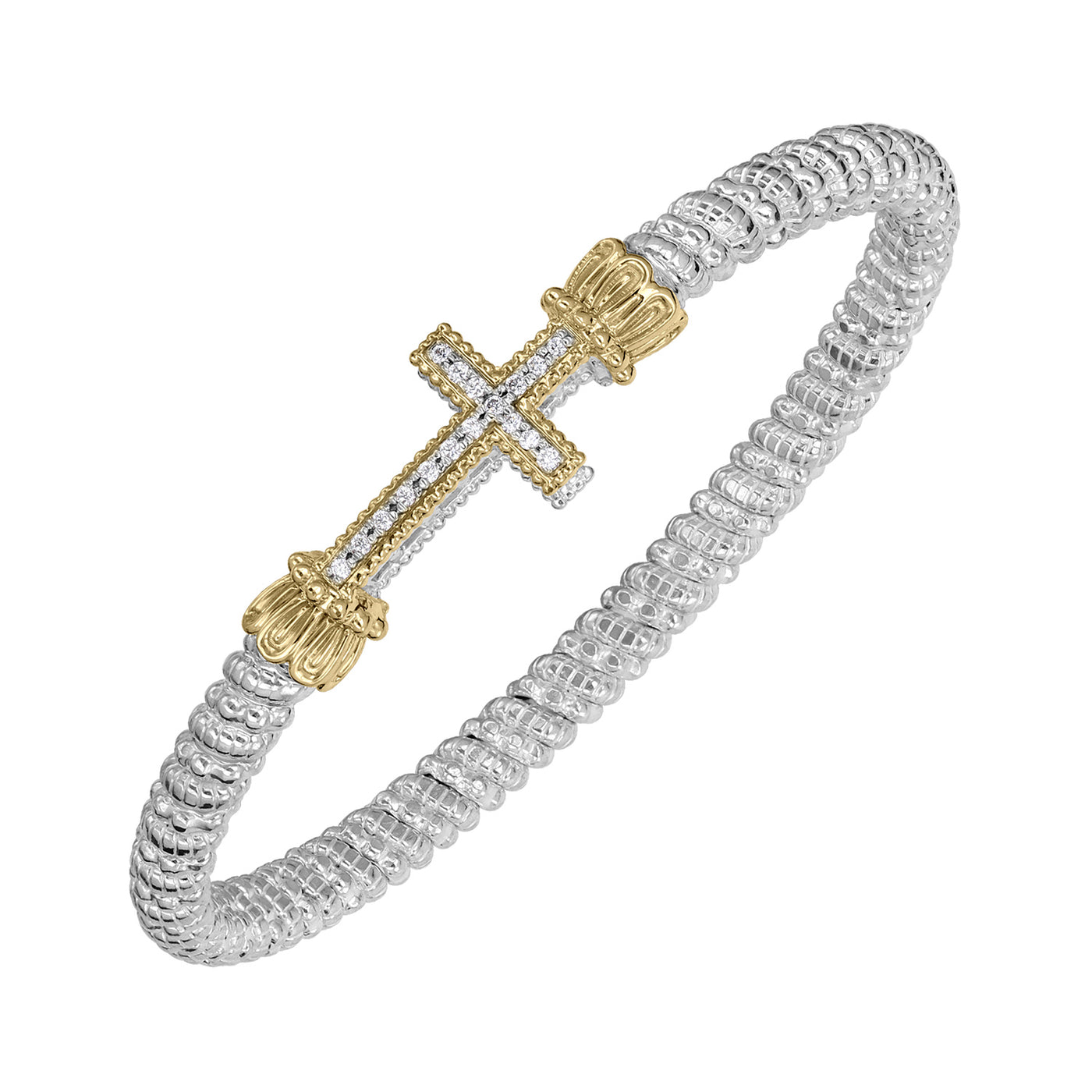 Vahan Sterling Silver and 14k Yellow Gold Moiré Beaded® Bangle Bracelet with Diamonds – 23499D04