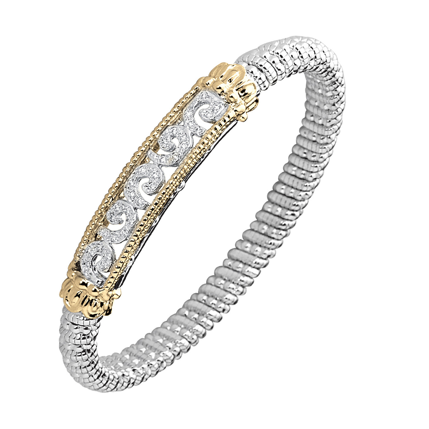 Vahan Sterling Silver and 14k Yellow Gold Moiré Beaded® Bangle Bracelet with Diamonds – 22111D