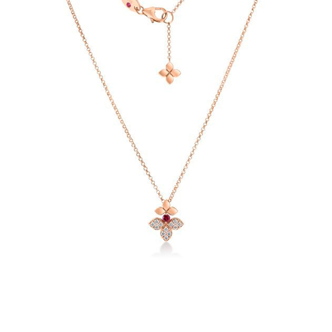 Roberto Coin 18k Rose Gold Love in Verona Diamond and Rubellite Flower Pendant Necklace – 8883698AX17XR