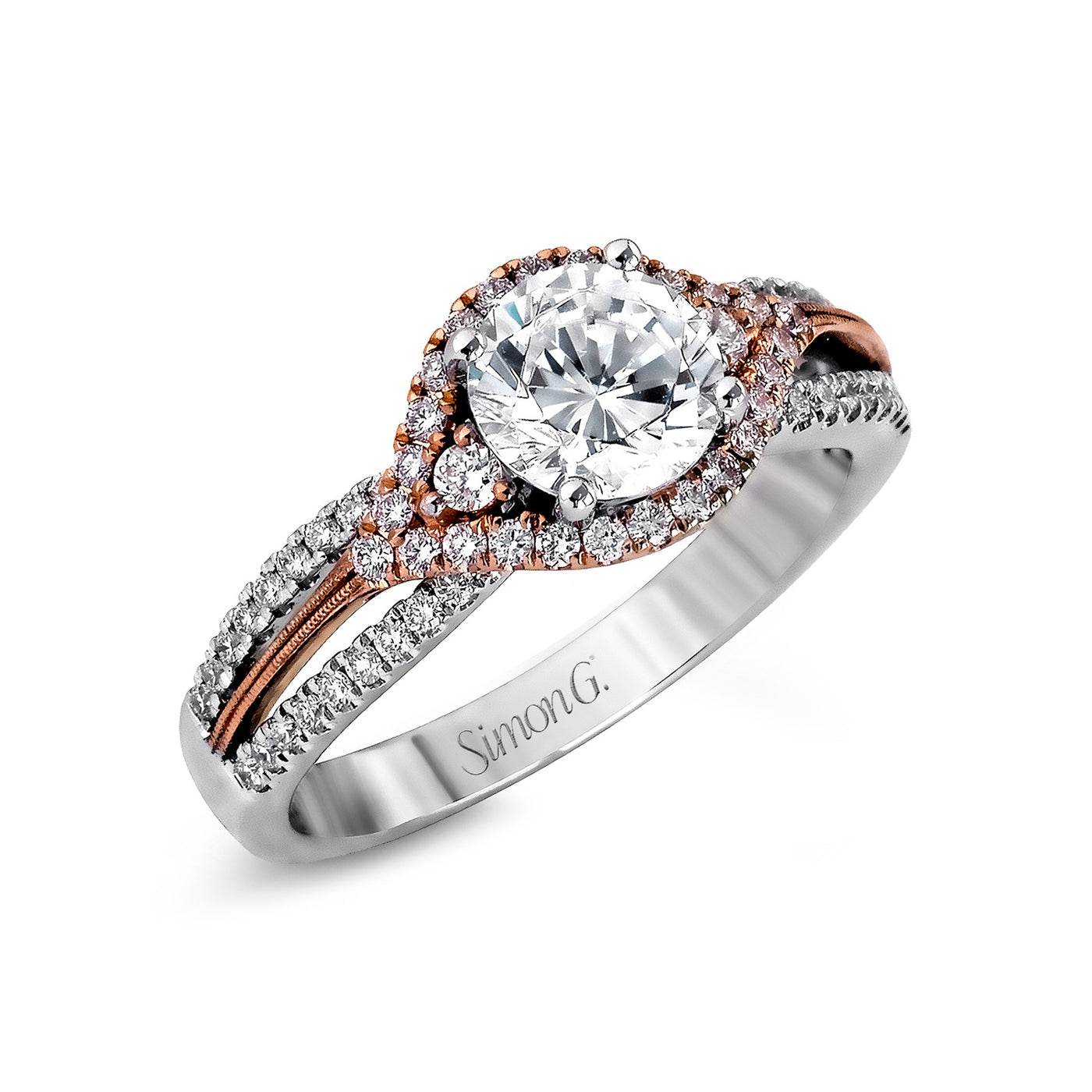 Simon G 18k White & Rose Gold Round Halo Diamond Semi-Mount Engagement Ring – MR1815