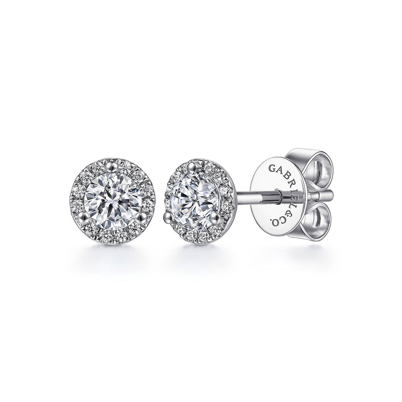 Gabriel & Co. 14k White Gold Lusso Color Round Halo Diamonds with White Sapphire Earrings – EG12372W45WS